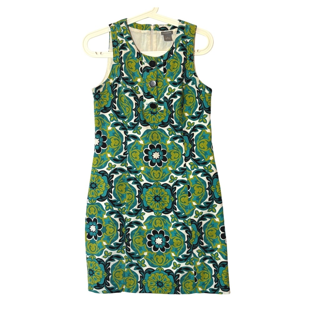 Ann Taylor Green‎ Teal Medallion Silk Blend Sleeveless Shift Dress Size 2